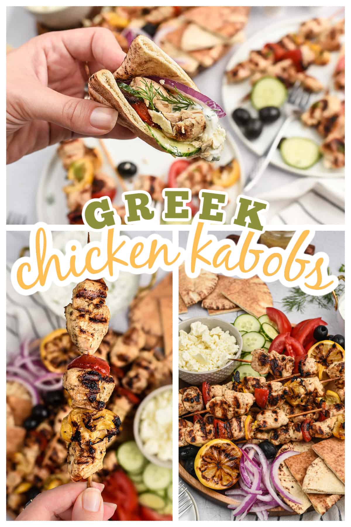 Collage of Greek chicken kabobs images.