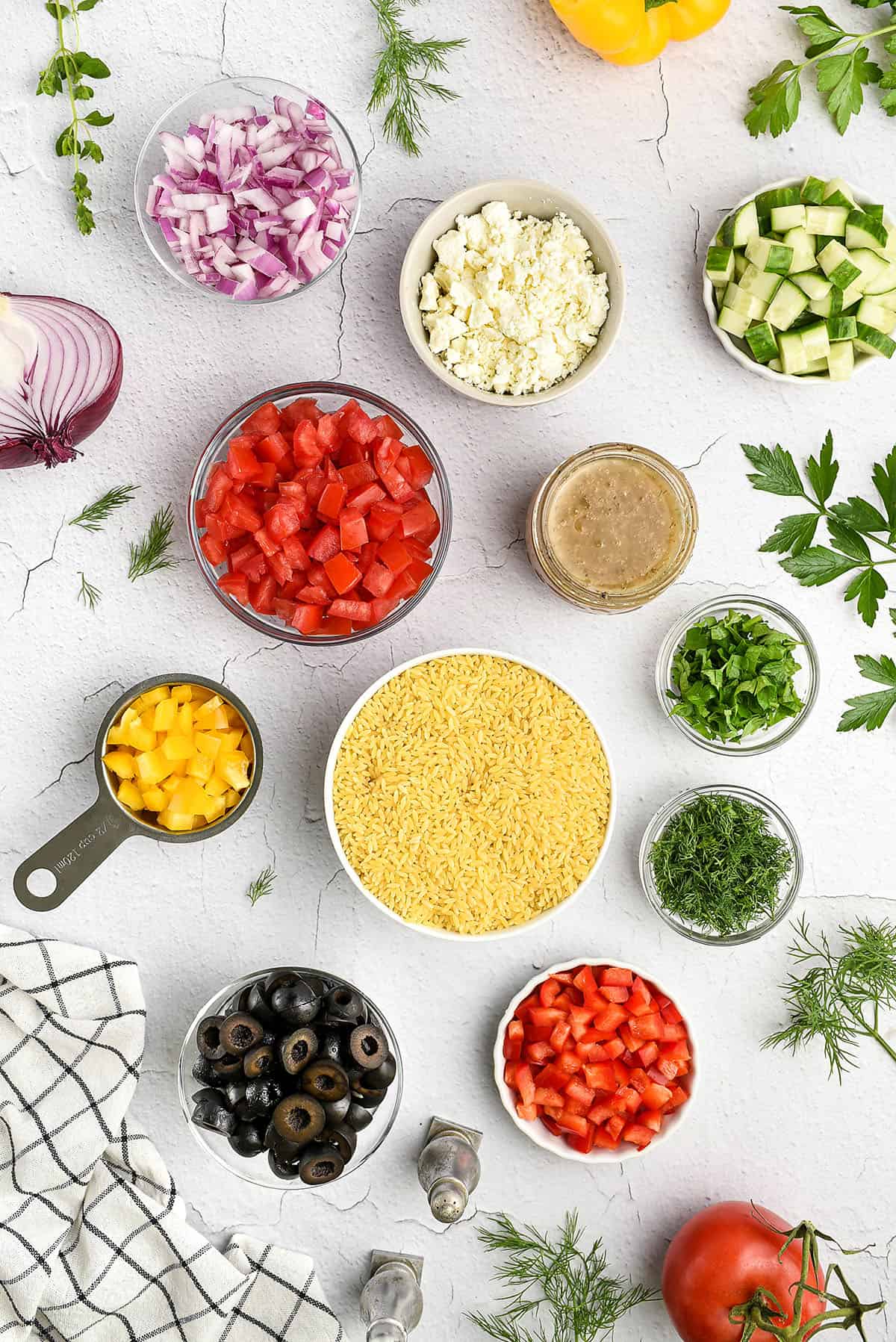 ingredients for Greek Orzo Pasta Salad recipe.