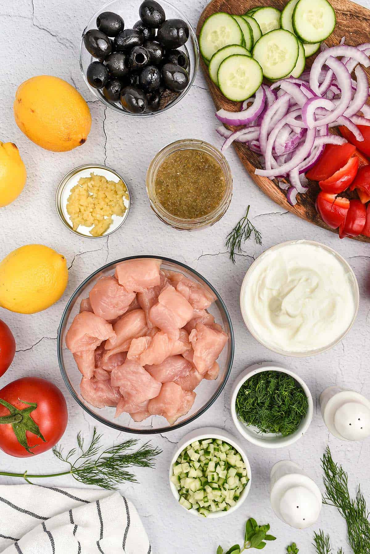 ingredients for greek chicken kabobs.