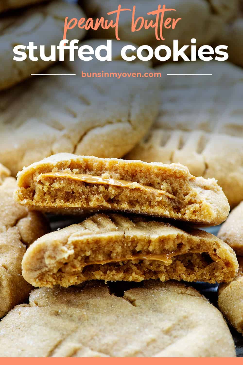 peanut butter stuffed cookies stacked together.