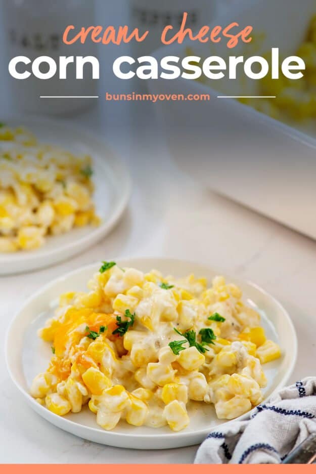 cream cheese corn casserole on white plate.