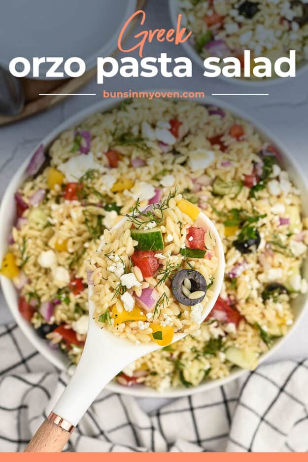 orzo salad on spoon with text for pinterest.