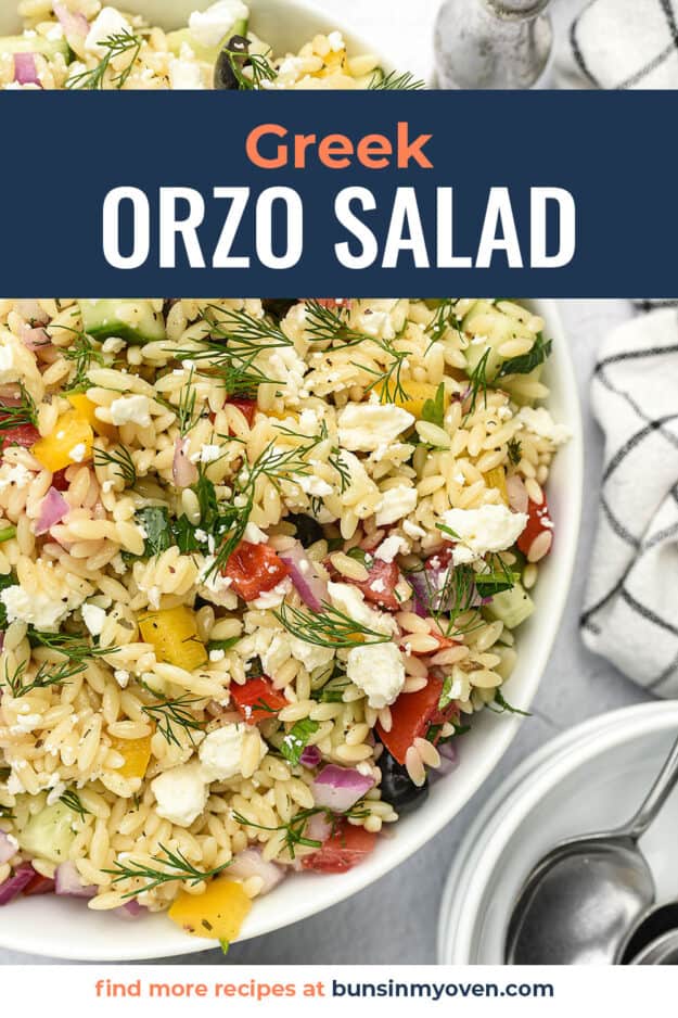 orzo pasta salad with text for Pinterest.