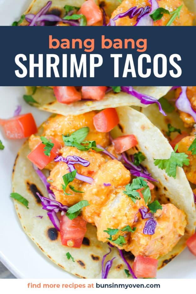 shrimp tacos in shell with text for Pinterest.
