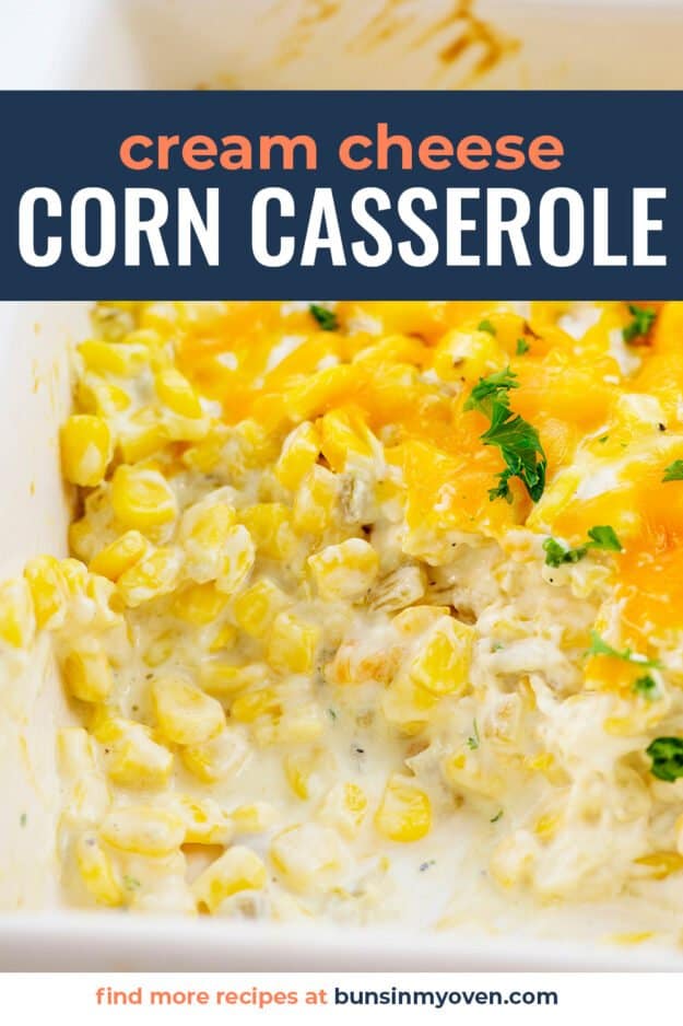 corn casserole in baking dishw ith text for pinterest.