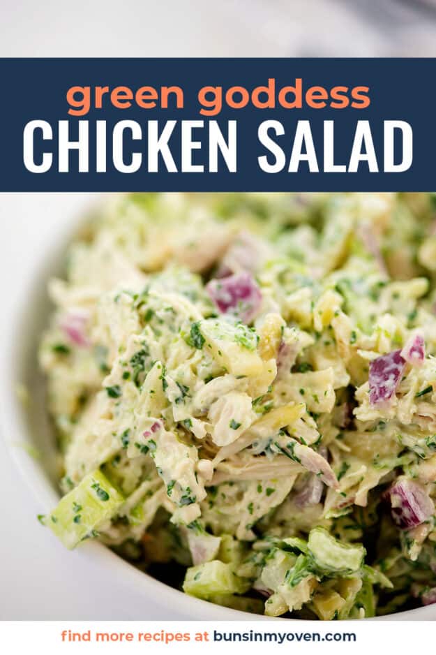 Green goddess chicken salad in white bowl.