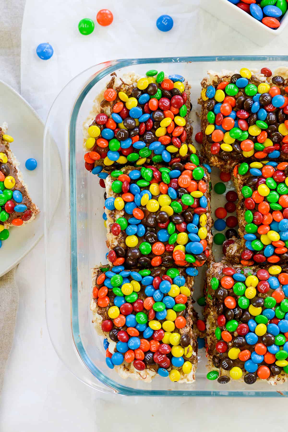 rice krispies treats in glass baking dish.