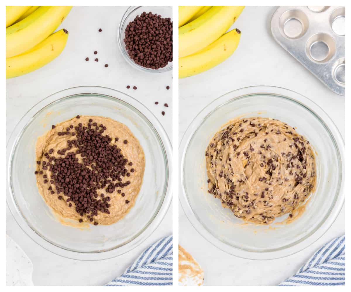 Chocolate chips being mixed into batter.