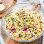 Asian Ramen Noodle Salad in glass bowl.