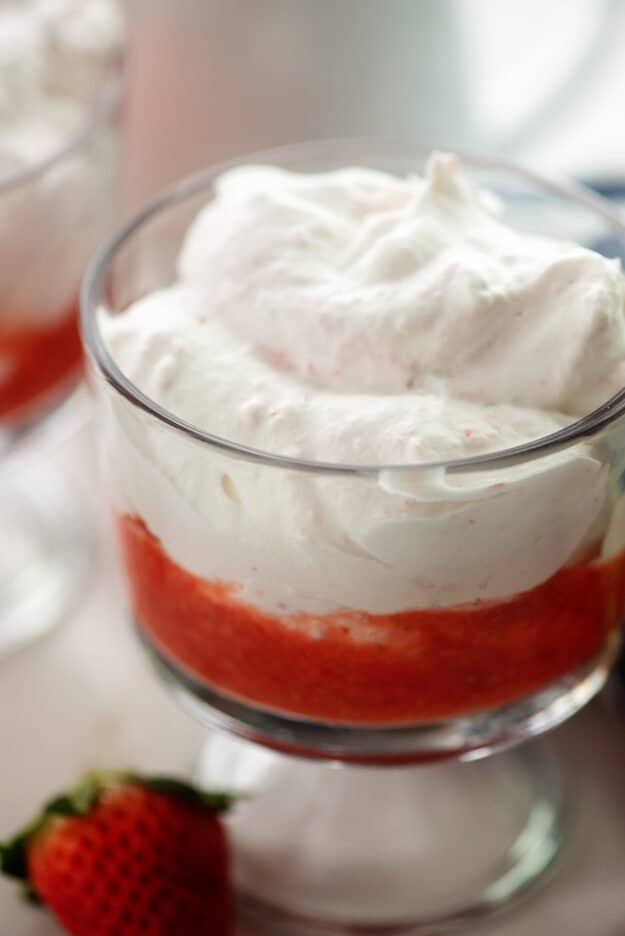strawberry mousse in small glass dish.