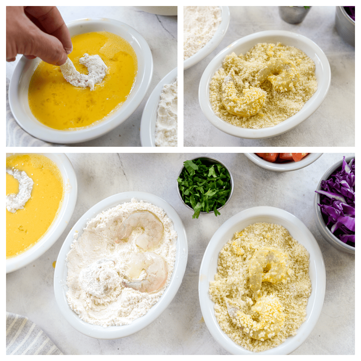 collage of breaded shrimp.