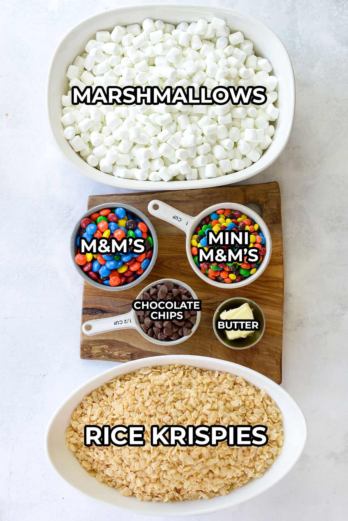 ingredients for M&M rice krispies treats laid out on counter.
