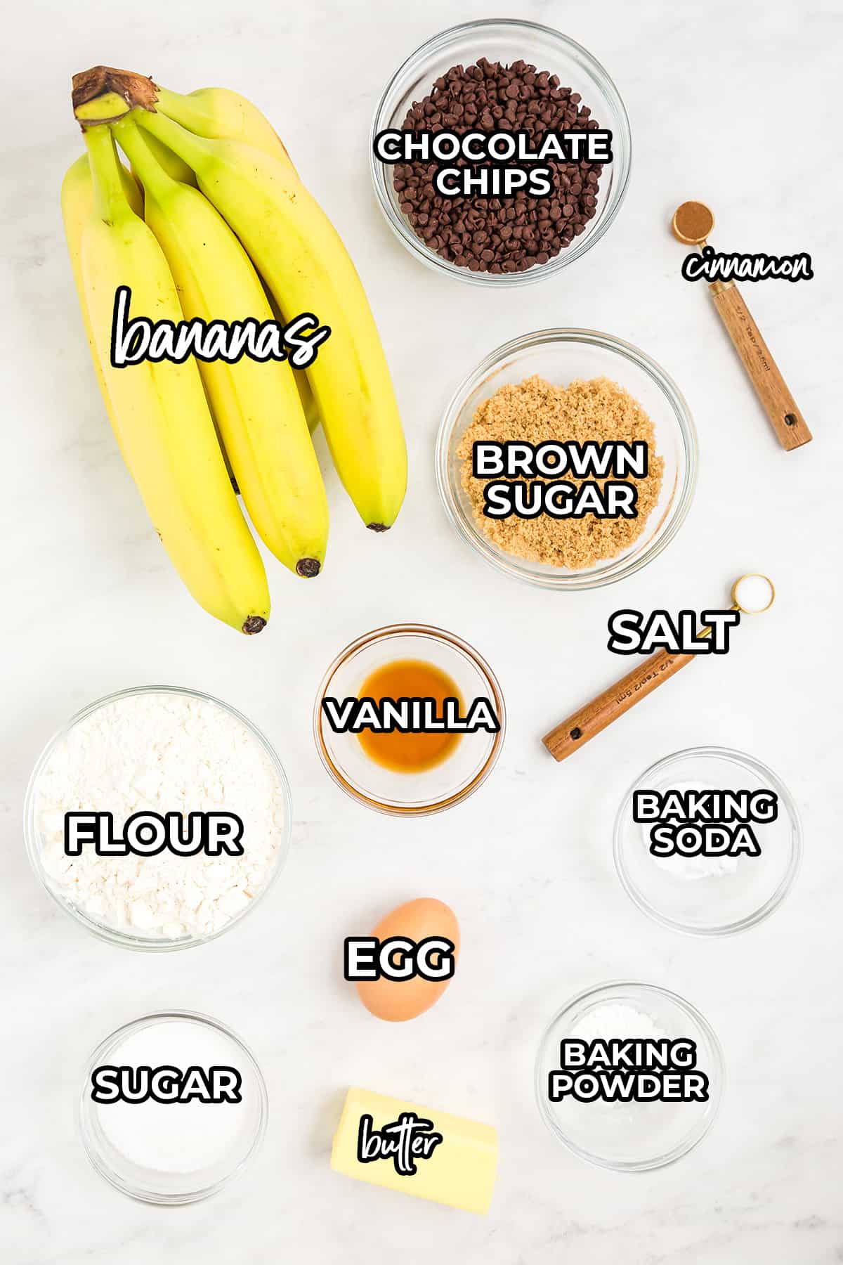 Ingredients for mini banana muffins with chocolate chips.