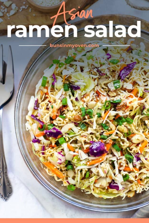 ramen noodle salad in glass bowl.