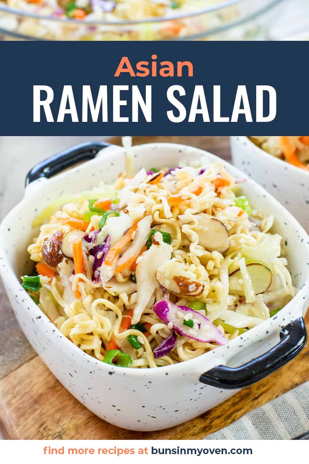 Ramen noodle salad in small white bowl.