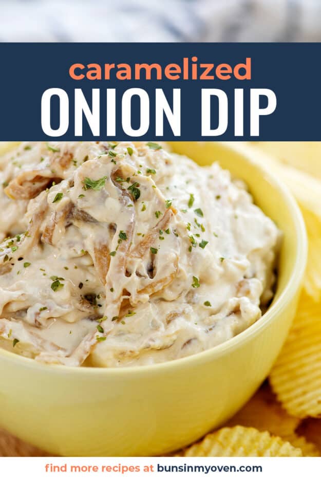 onion dip in yellow bowl with text for pinterest.