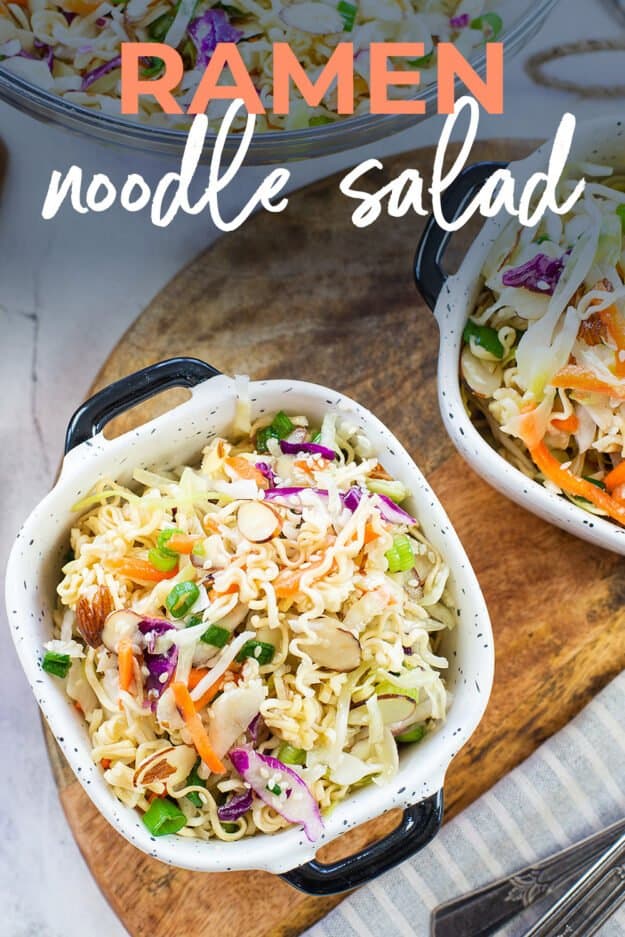 ramen noodle salad in bowl with text for Pinterest.