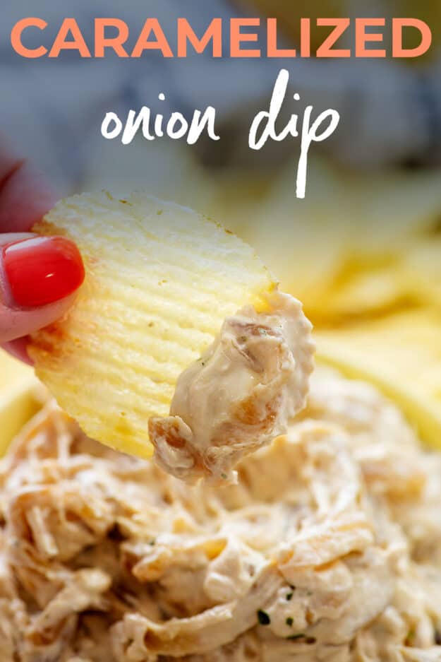 hand holding a chip being dipped in onion dip.