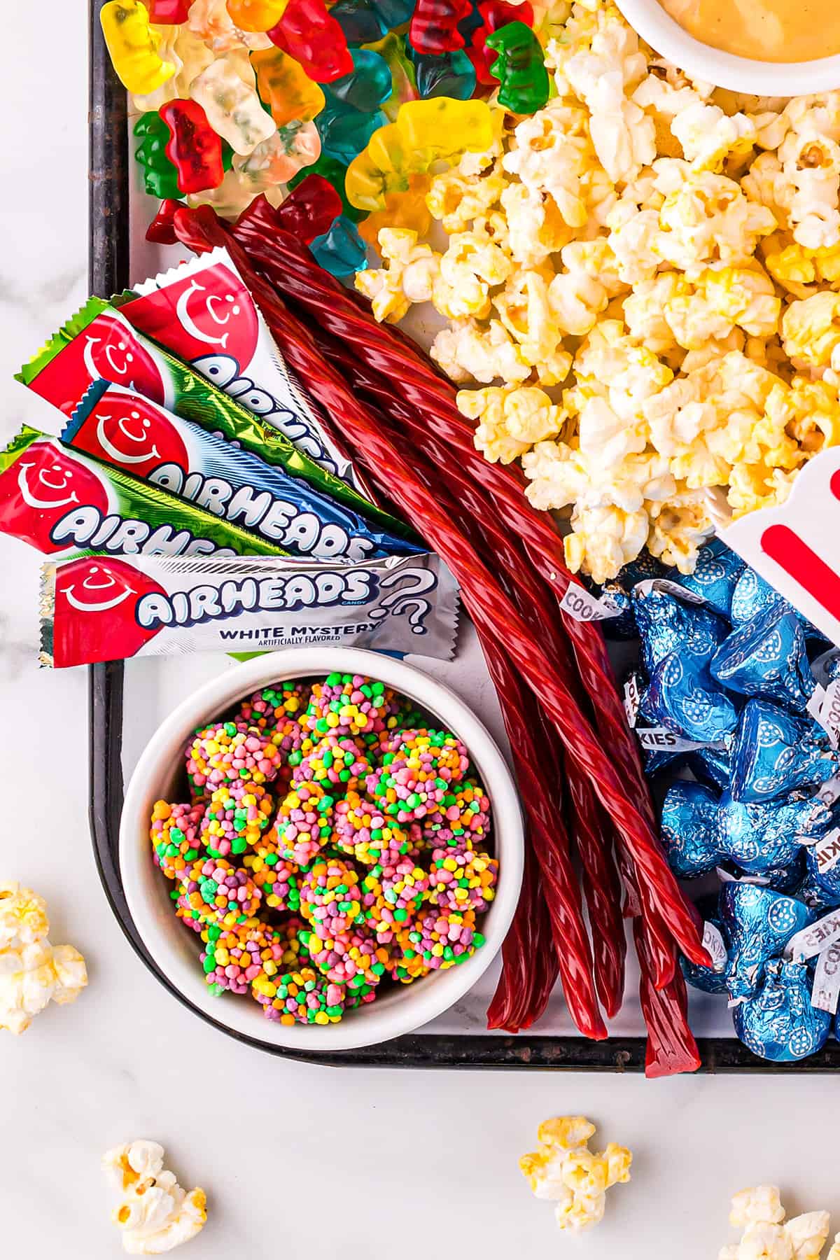 candy on tray of movie snacks.