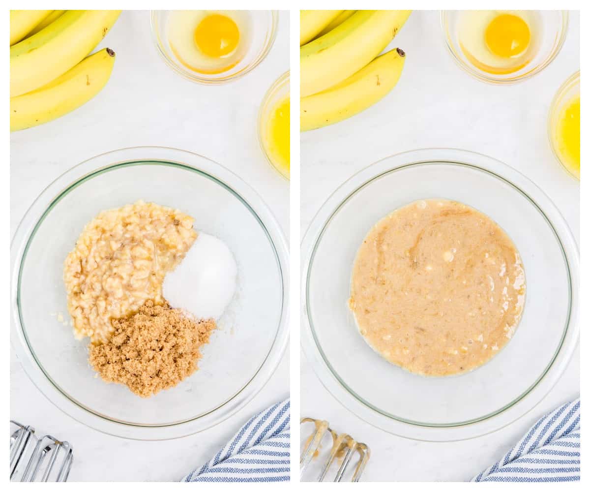 Collage of wet ingredients for banana muffins.