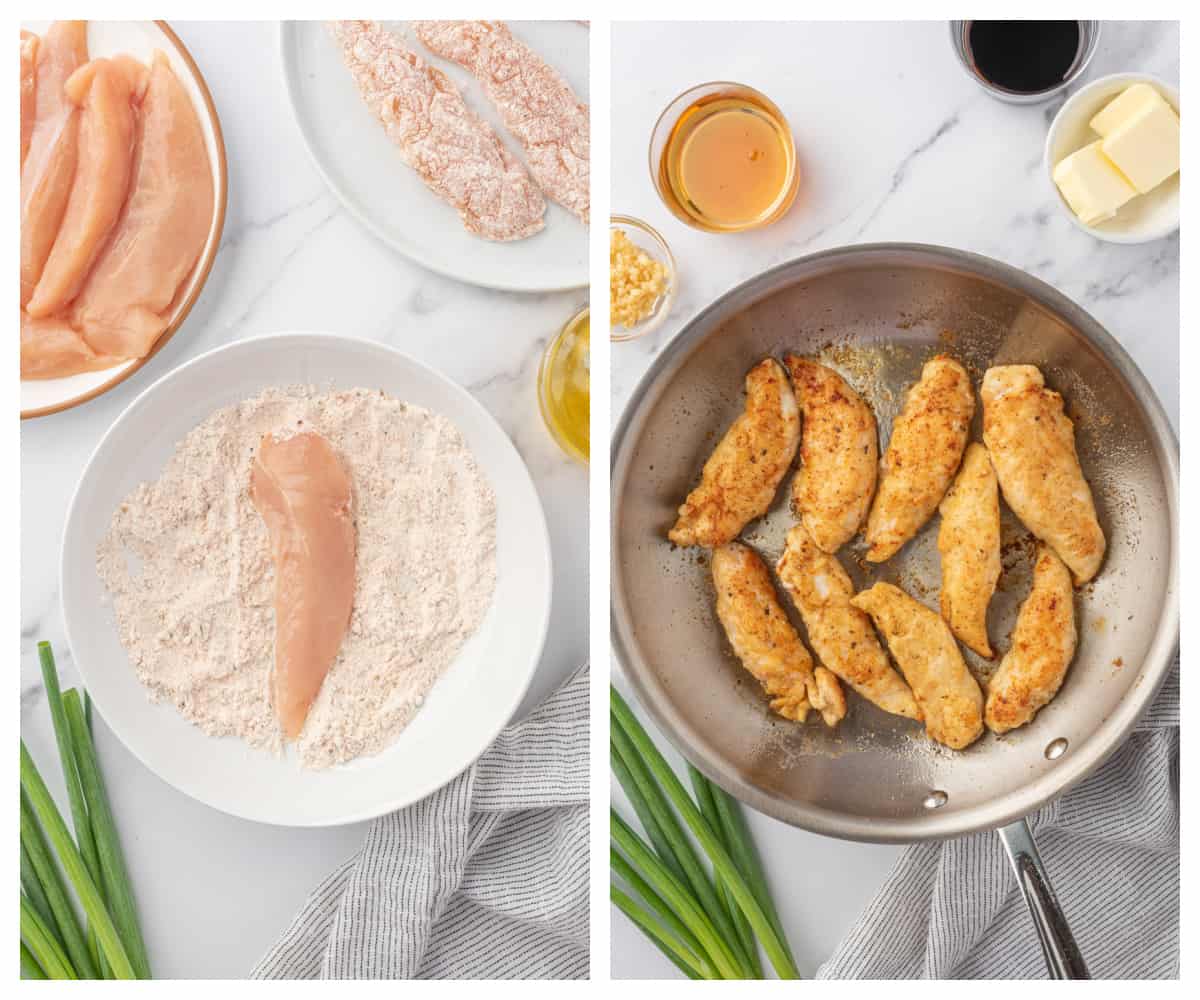 Collage showing chicken being dredged in flour and pan fried.