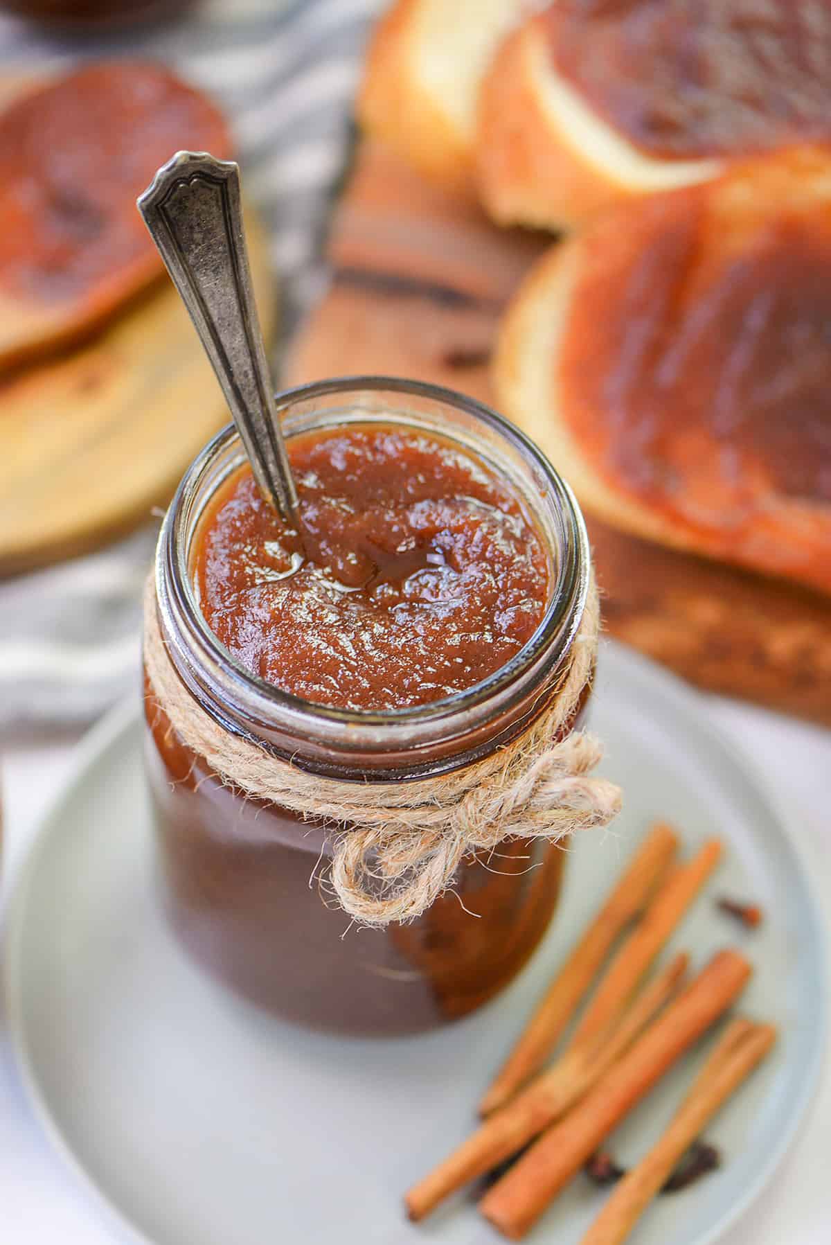 crockpot apple butter in jar.