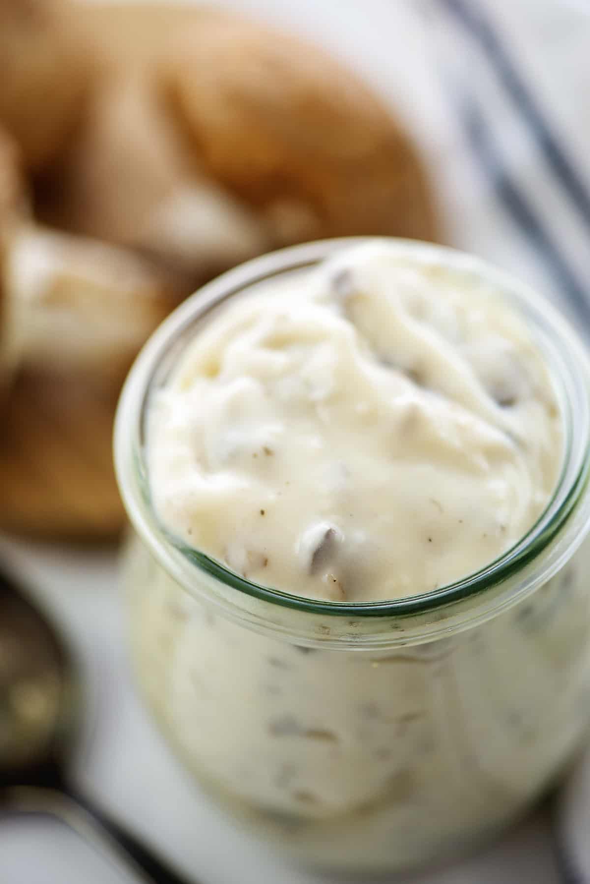 Cream of mushroom soup substitute in small glass jar.