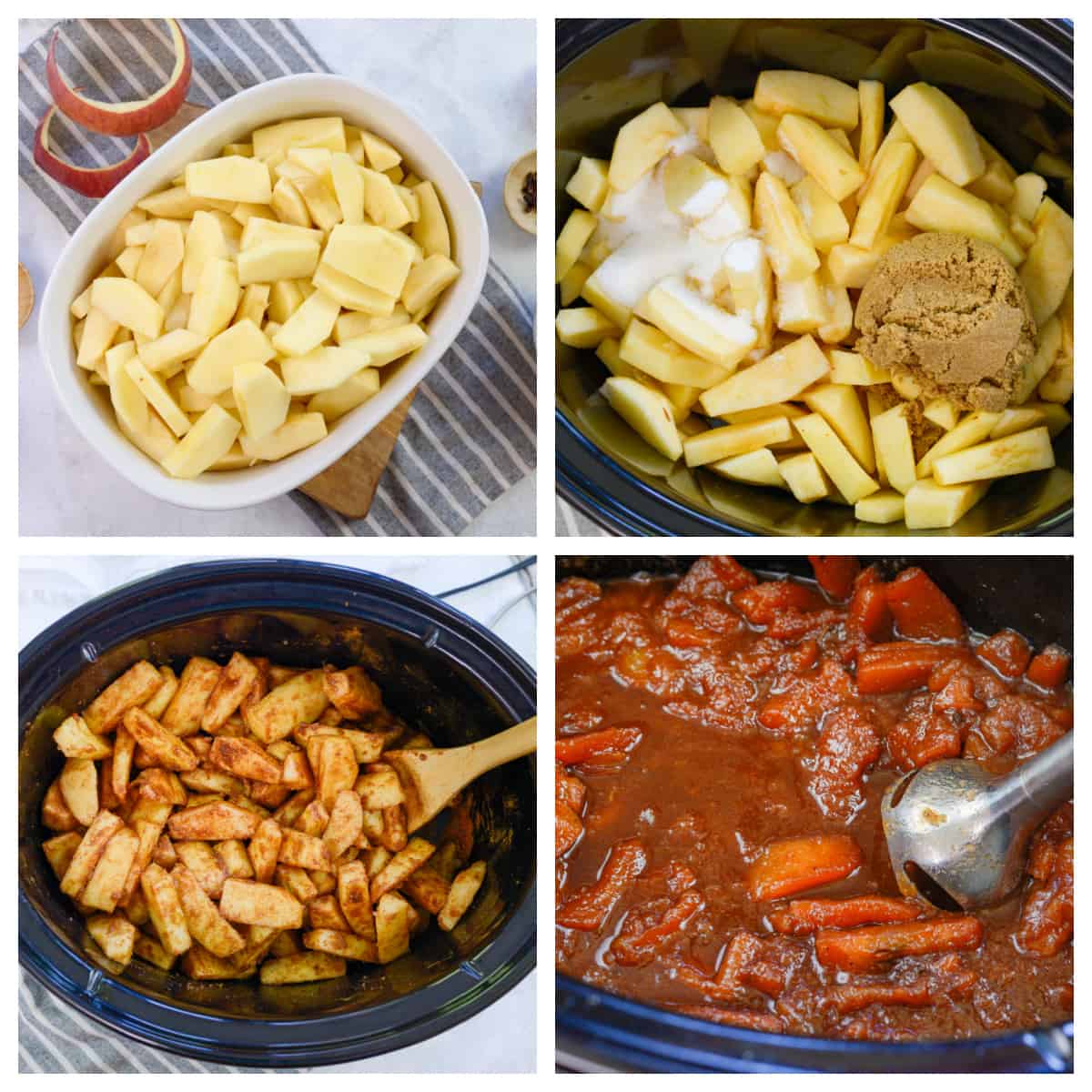 collage showing how to make apple butter in the crockpot.