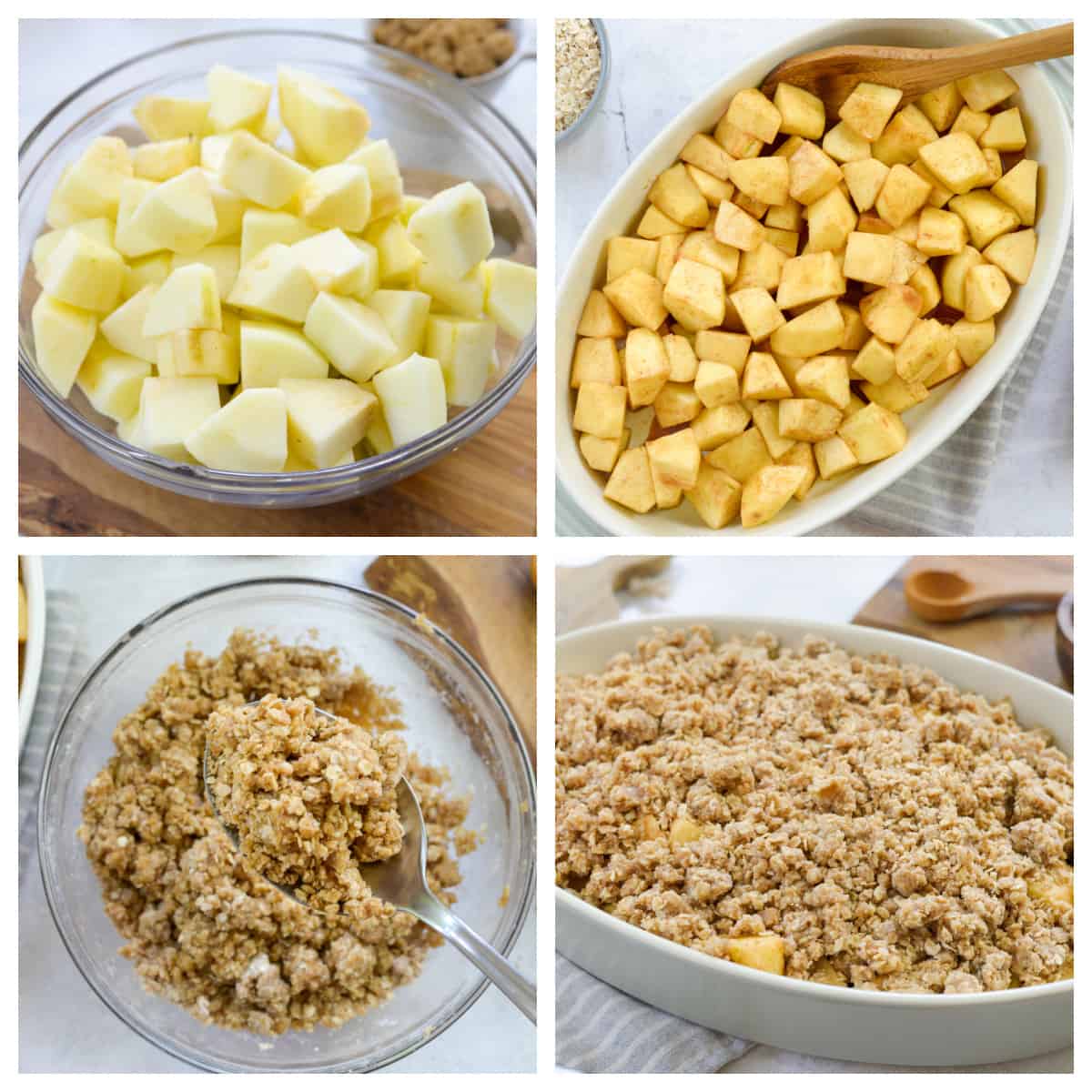 collage showing how to make apple crumble.