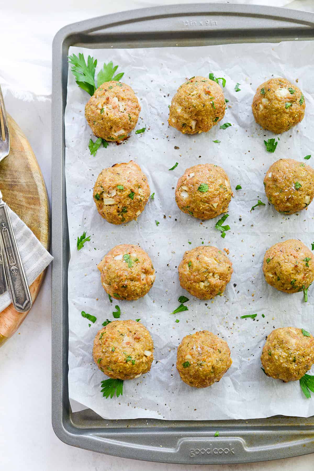 baked turkey meatballs on sheet pan.