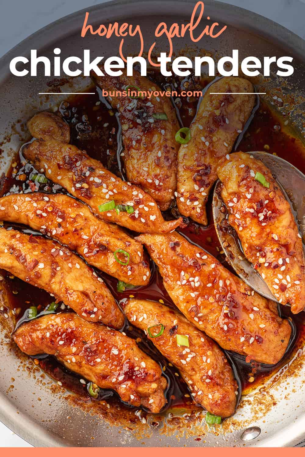 HOney garlic chicken tenders in skillet with text for Pinterest.