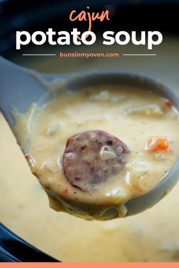 Potato soup on ladle with text for PInterest.