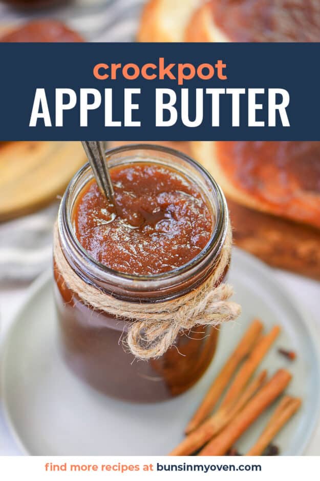 apple butter in jar with text for pinterest.