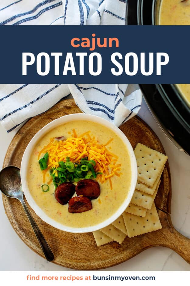 Overhead view of potato soup in bowl with text for Pinterest.