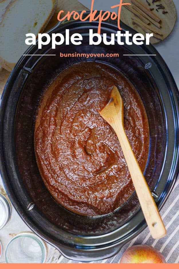 apple butter in crockpot with text for pinterest.