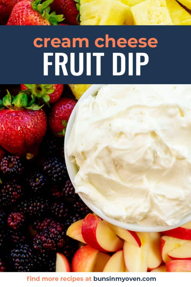 overhead view of fruit dip in white bowl.