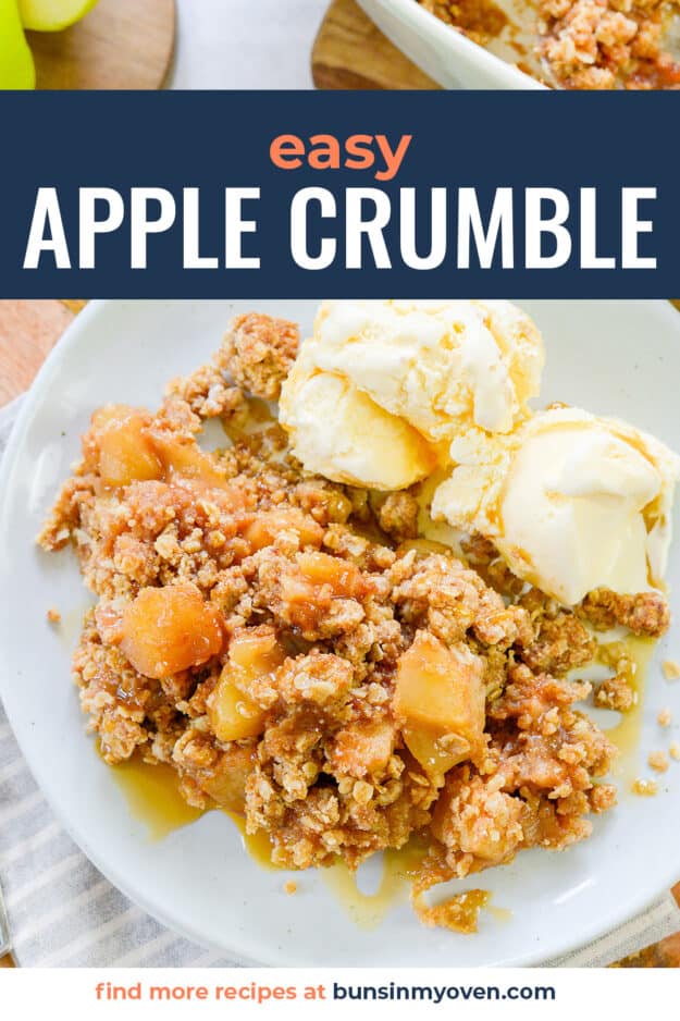 easy apple crumble recipe on white plate.