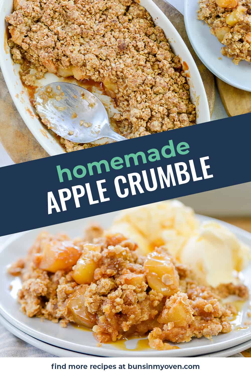 collage of apple crumble images.