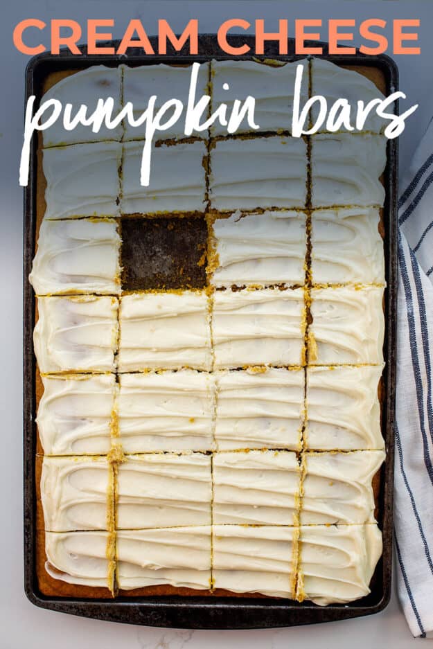 overhead view of pumpkin bars in pan.