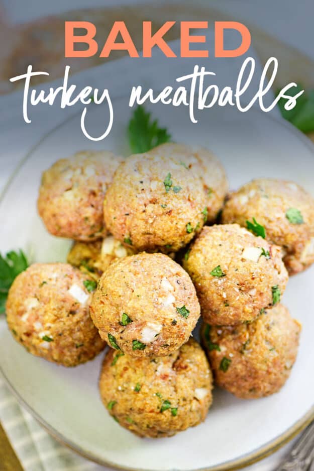 turkey meatballs stacked on plate.