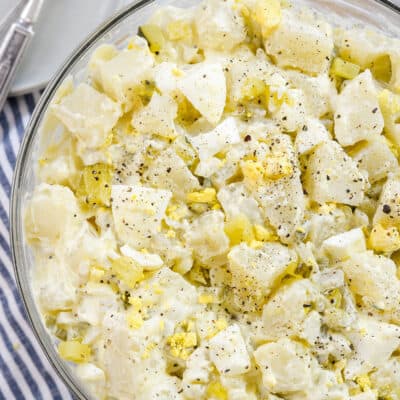 instant pot potato salad in glass bowl.