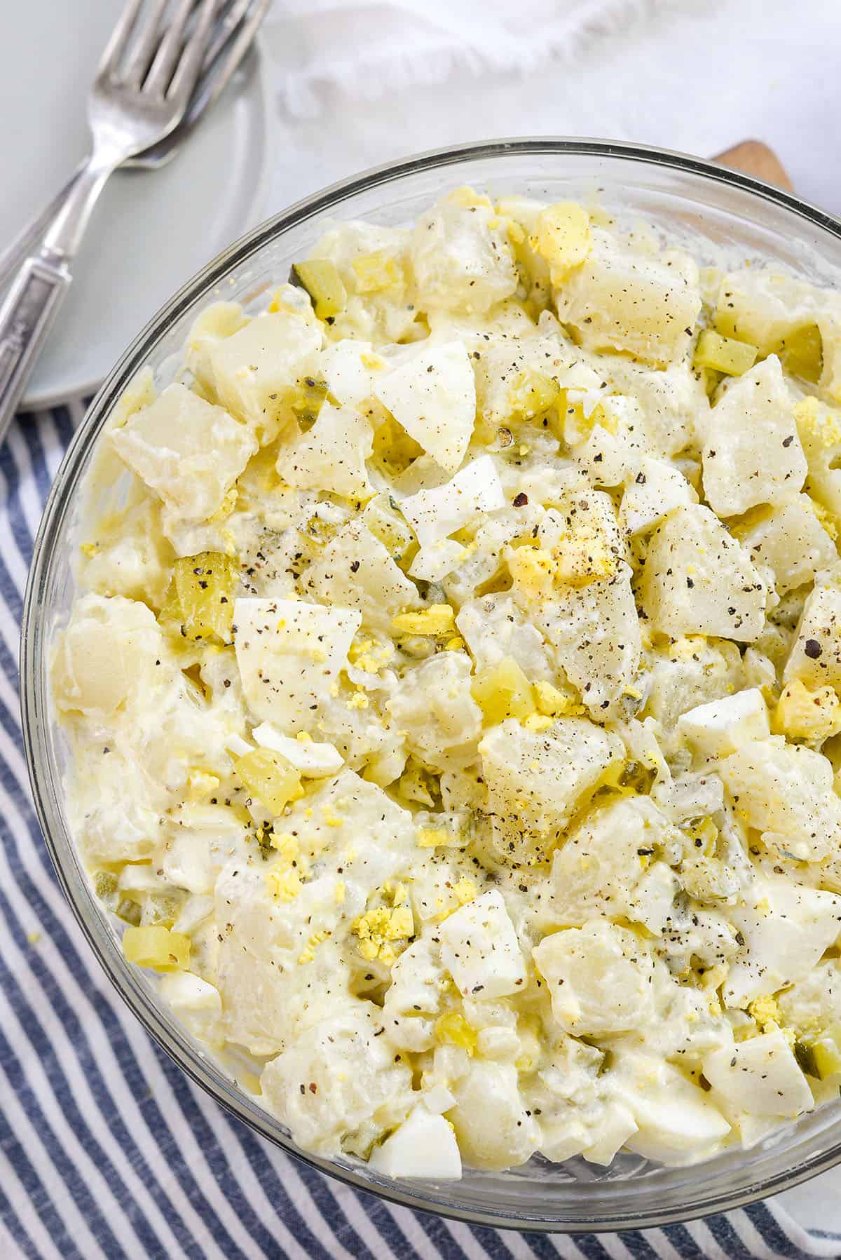 instant pot potato salad in glass bowl.