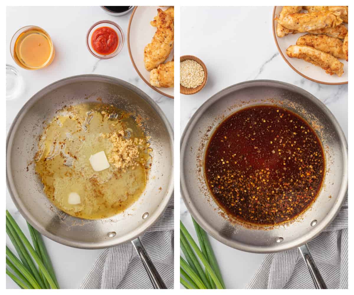 Collage showing how to make honey garlic sauce.