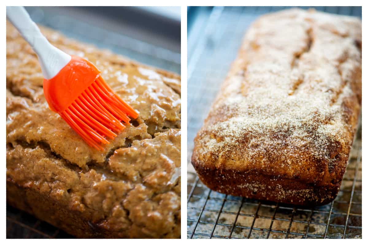 collage showing how to make apple cider donut bread.