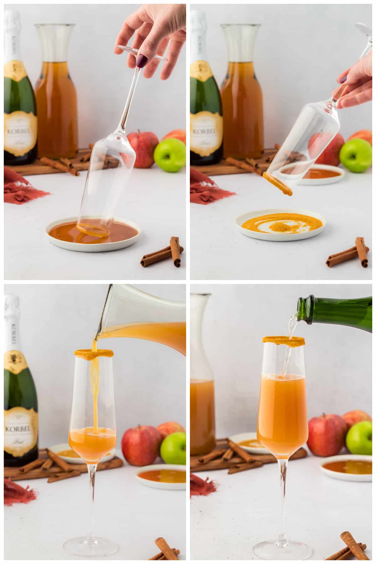 Collage showing how to make apple cider mimosa recipe.
