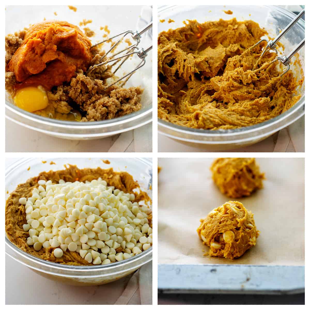 collage showing how to make white chocolate chip pumpkin cookies.