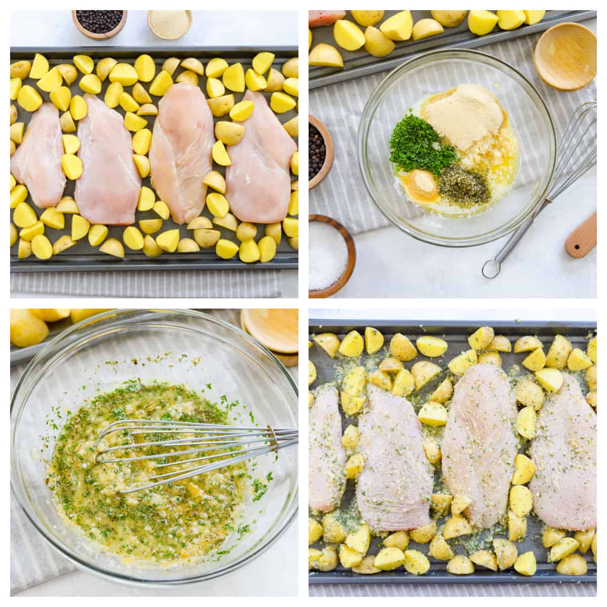 collage showing steps for making sheet pan chicken and potatoes.