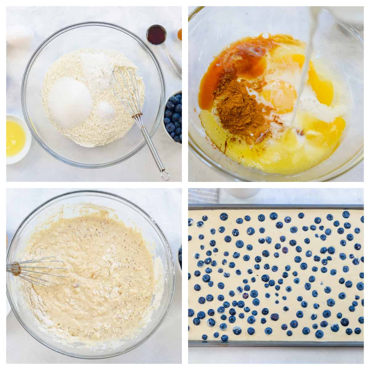 Collage showing how to make sheet pan pancakes.