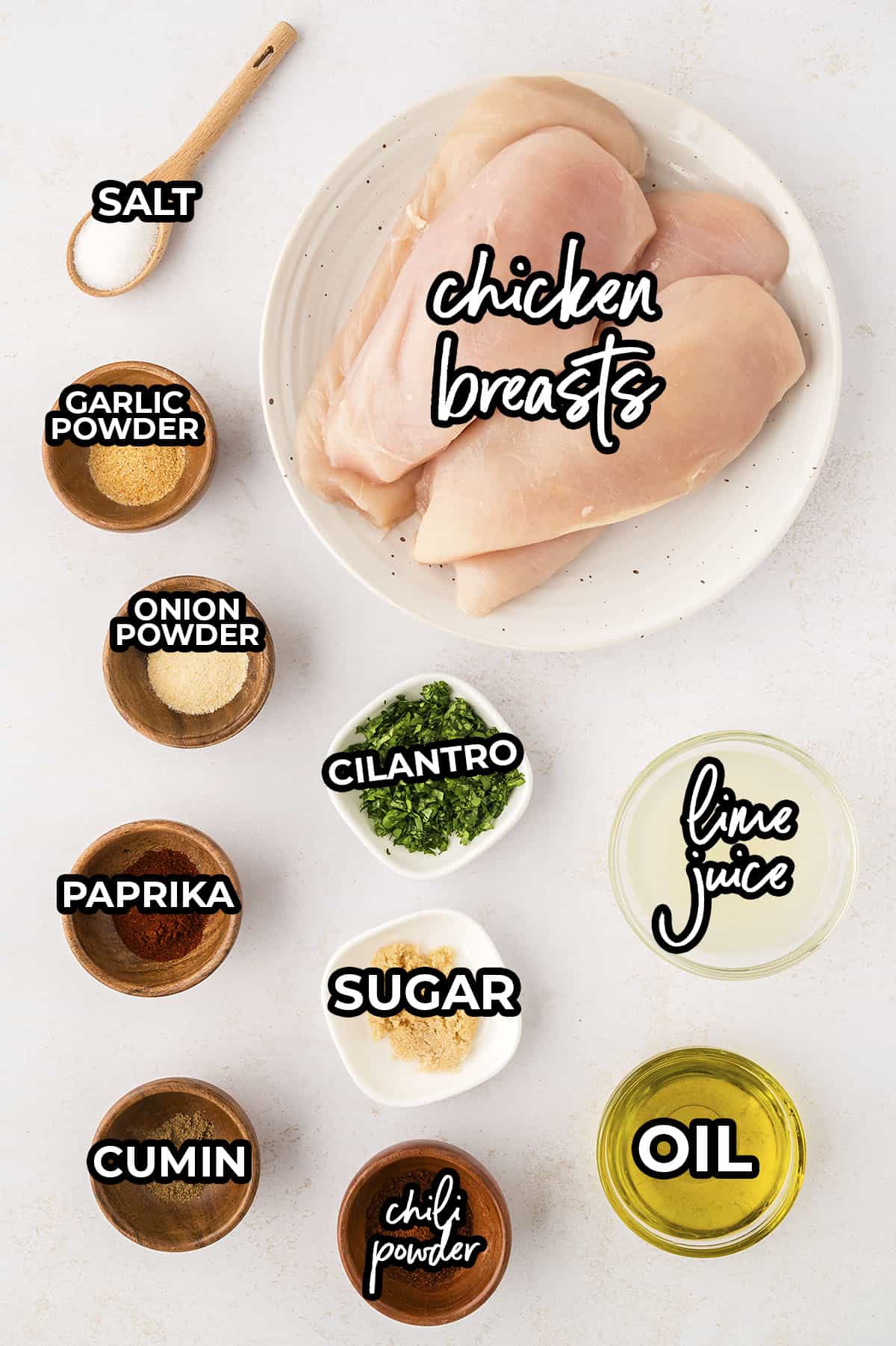 Ingredientes para la receta de pollo con chile y lima.