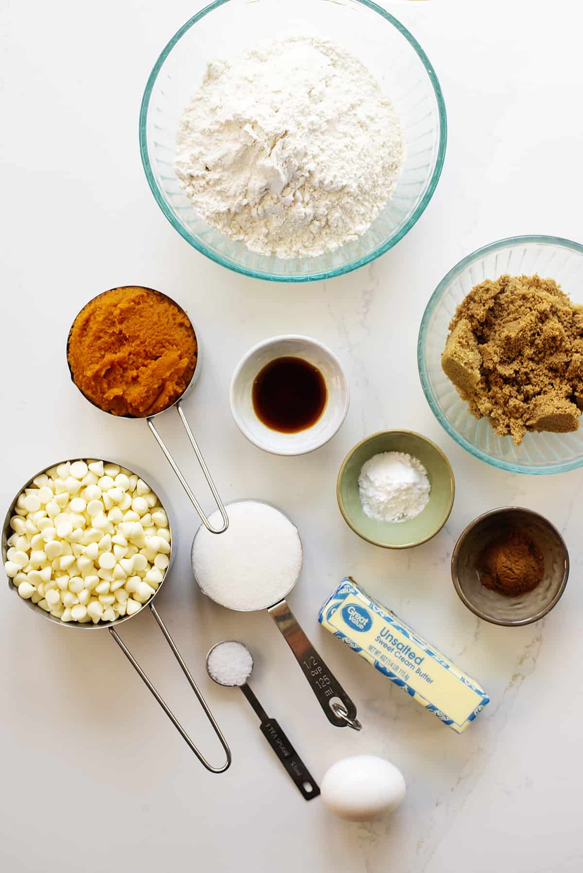 ingredients for pumpkin white chocolate chip cookies.